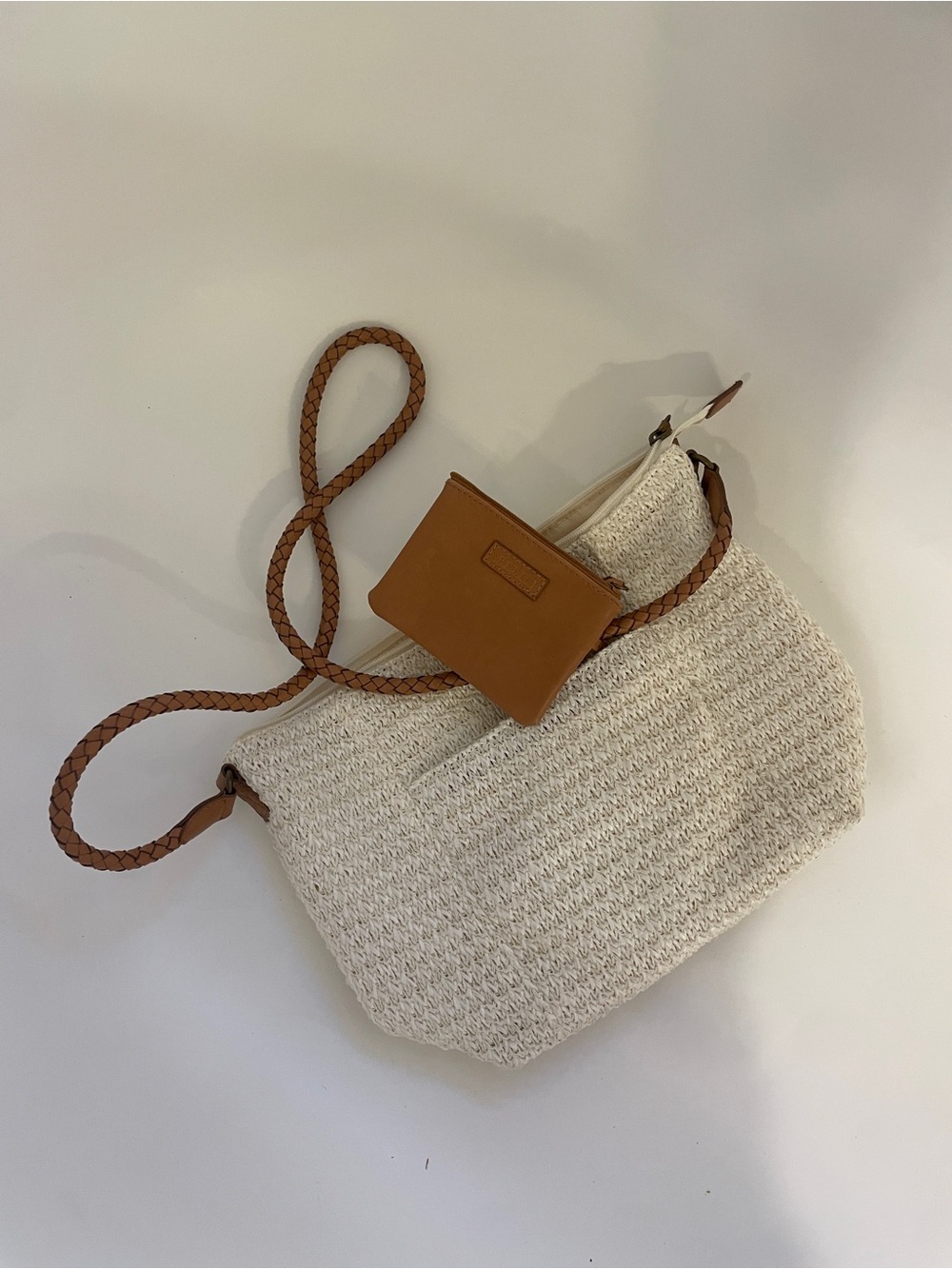 Relic Cream Woven Shoulder Bag with Tan Braided Strap and Integrated Coin Wallet